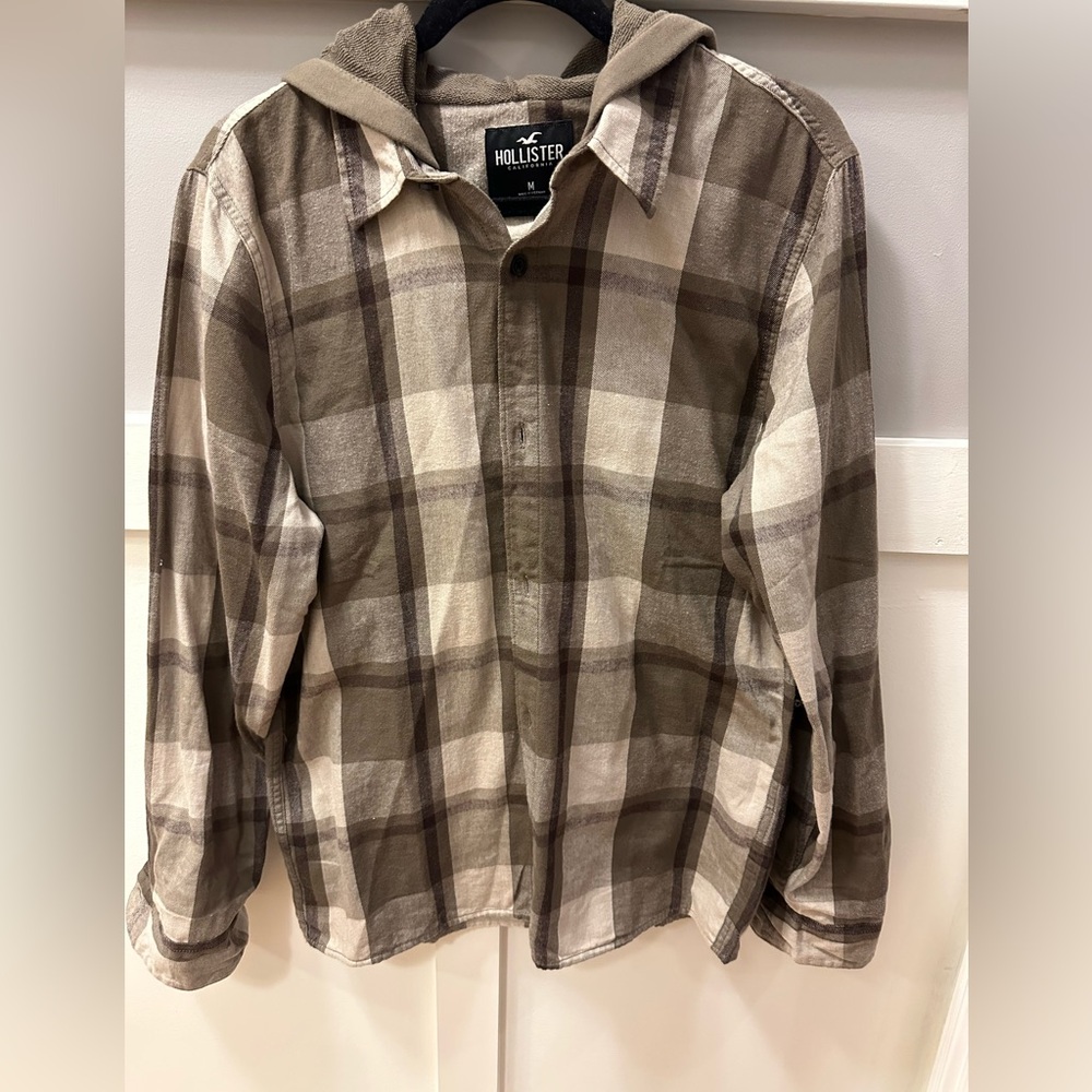 Hollister size M hooded button down flannel shirt brown & tan